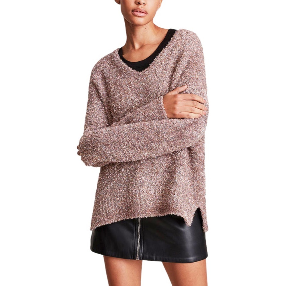 ALLSAINTS Sparkle V-Neck Jumper Sweater Pink Multi Metallic Tinsel Small